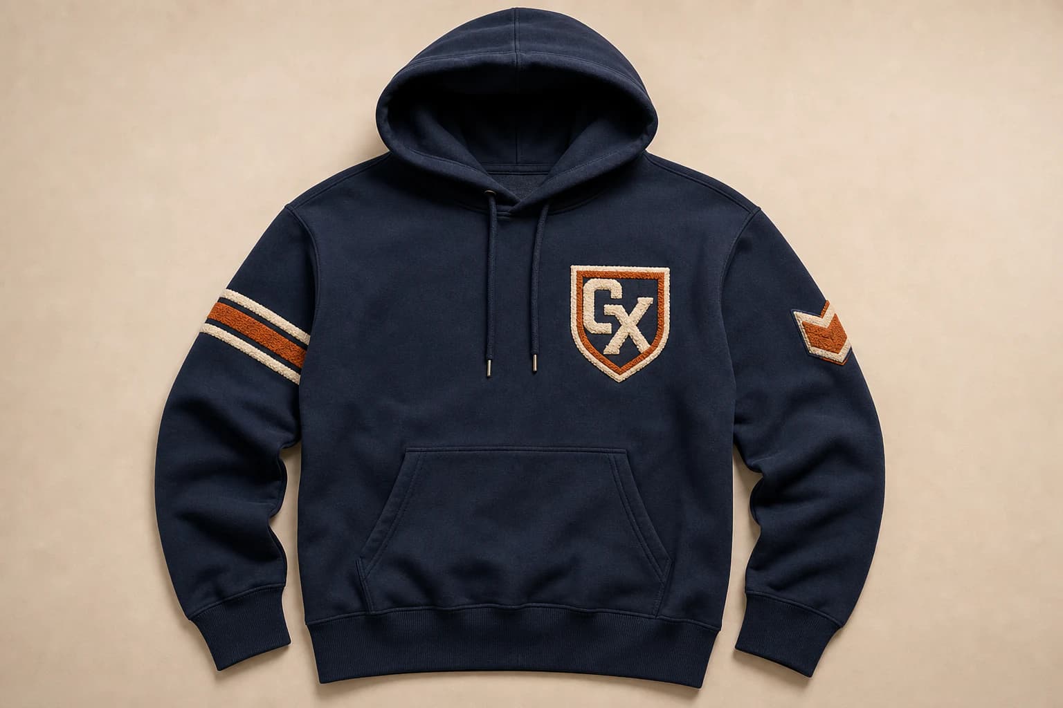 Embroidery / chenille decoration on a pullover hoodie