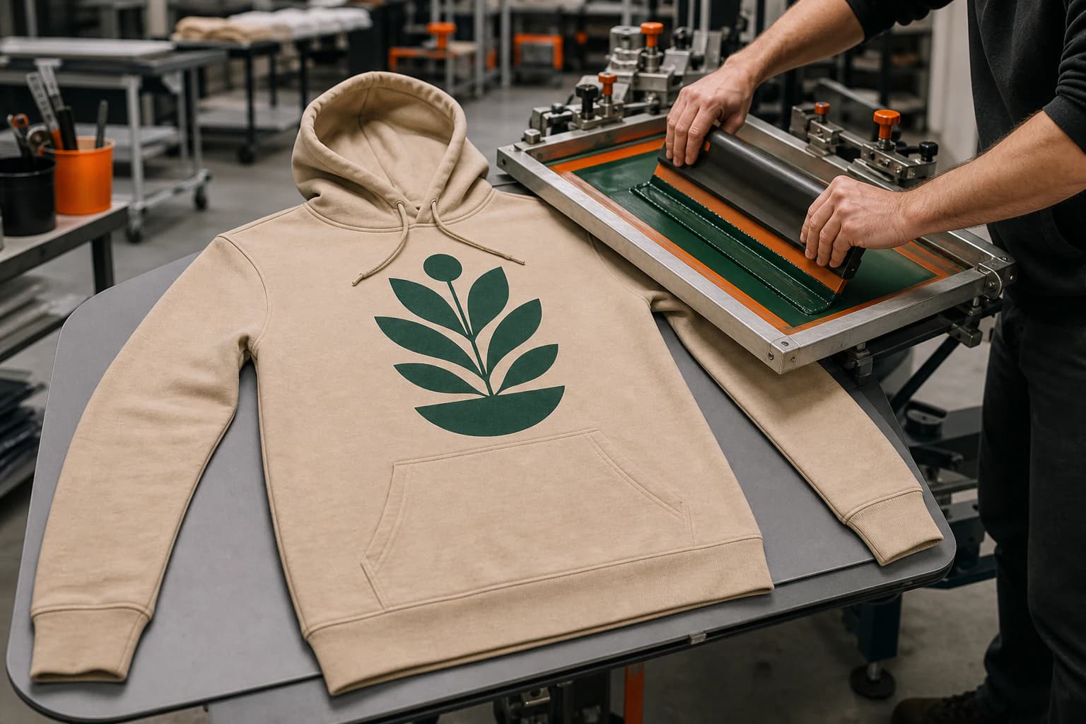 Screen print decoration on a pullover hoodie