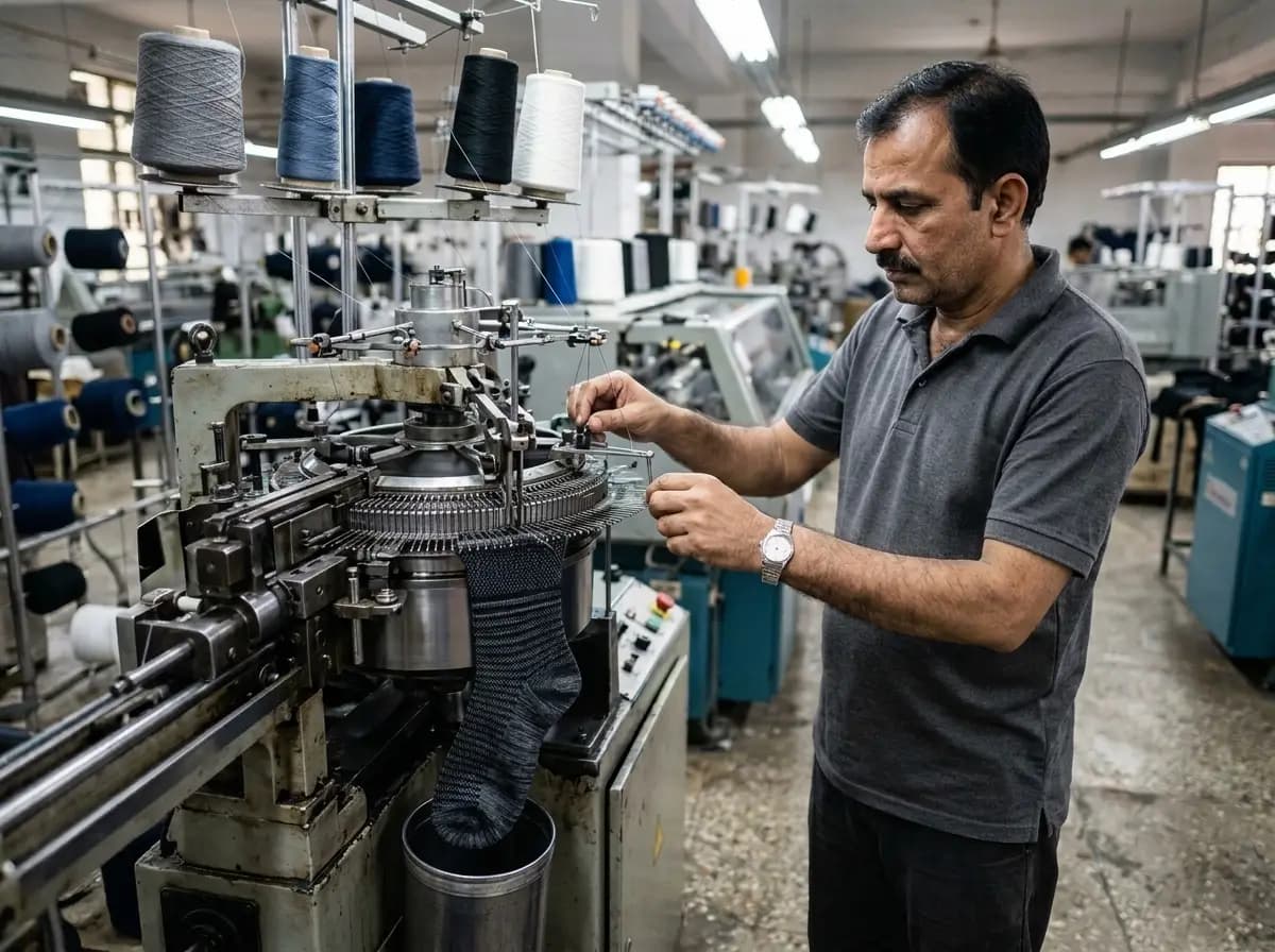 Socks production technician operating a circular knitting machine