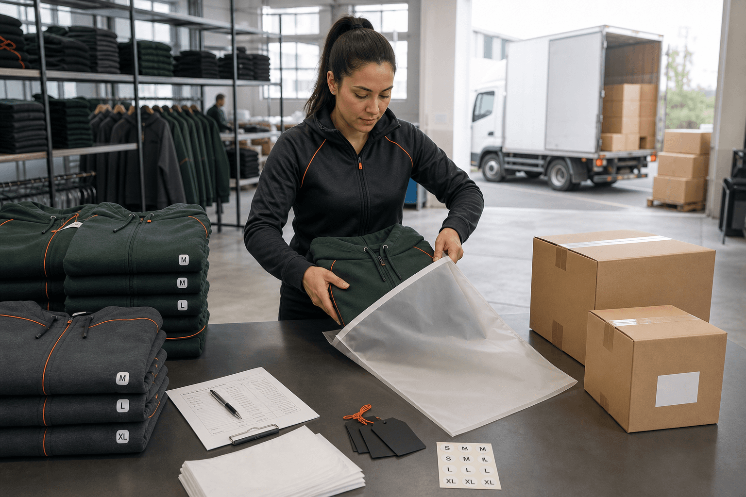 Branded sports hoodie packaging prepared for shipping