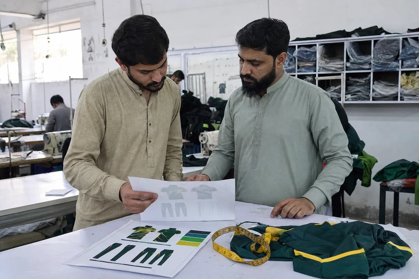 Pakistani sportswear workers reviewing a custom cricket teamwear brief in a Sialkot factory