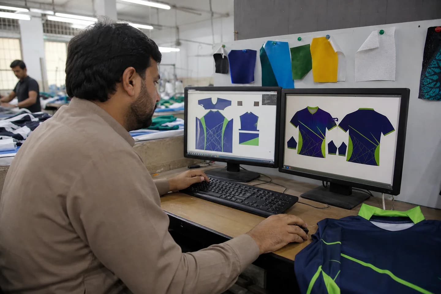 Pakistani apparel designer preparing a digital cricket jersey mockup at a factory workstation