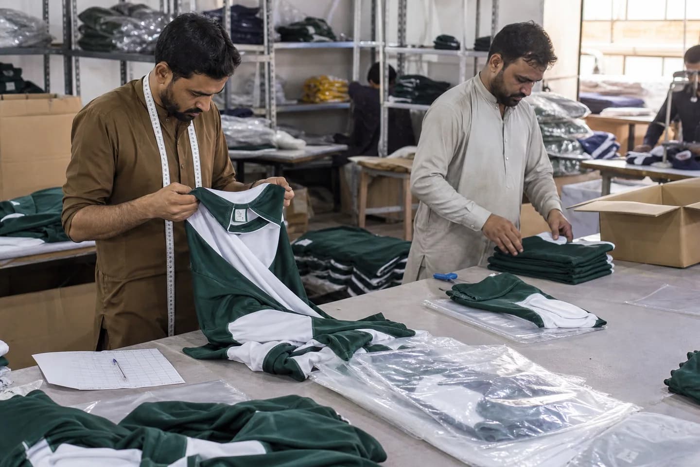 Pakistani factory workers inspecting and packing finished custom cricket uniforms