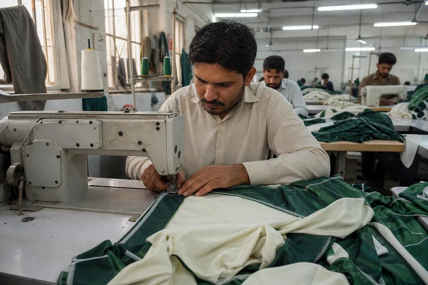Pakistani sewing operator producing a custom cricket jersey sample in Sialkot