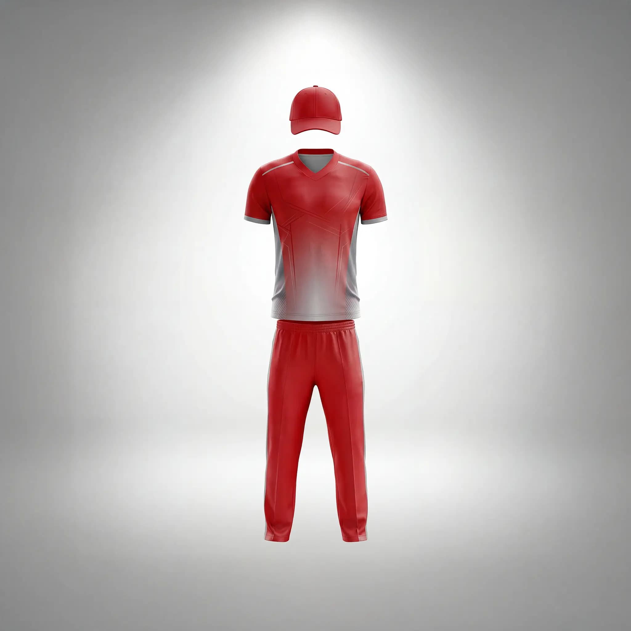 Coloured cricket kit with shirt, trousers, and cap
