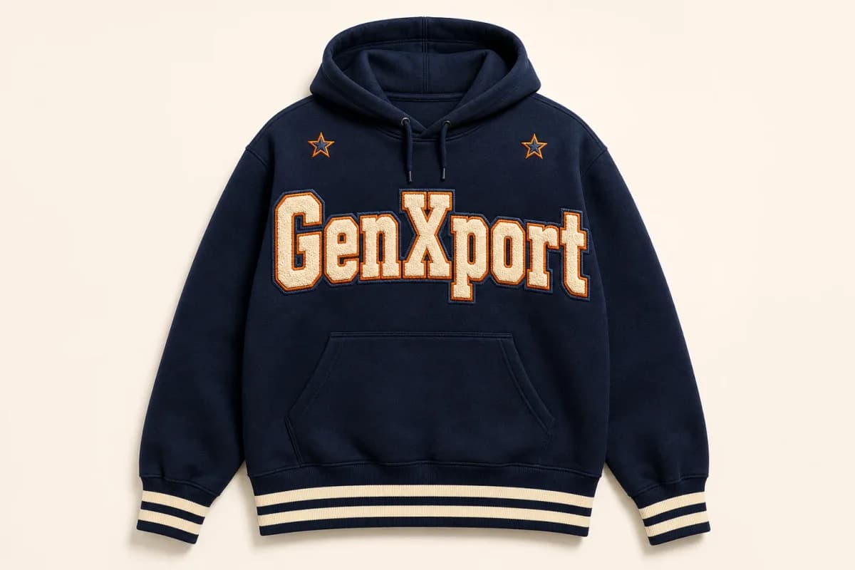 Embroidered lettering and star badges stitched onto a team garment