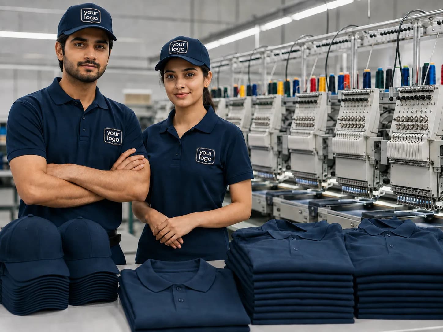 Uniform embroidery production partner running bulk logo embroidery programs for corporate and team uniforms