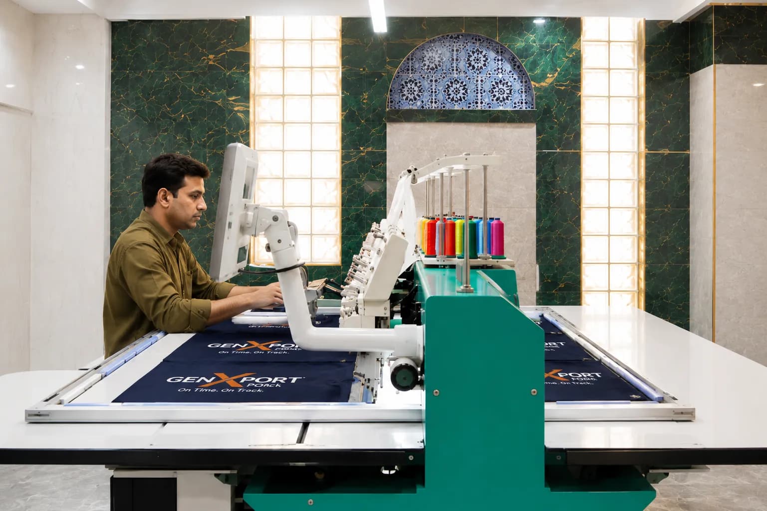 Uniform embroidery services stitching company logos, crests, and staff names onto workwear and team uniforms