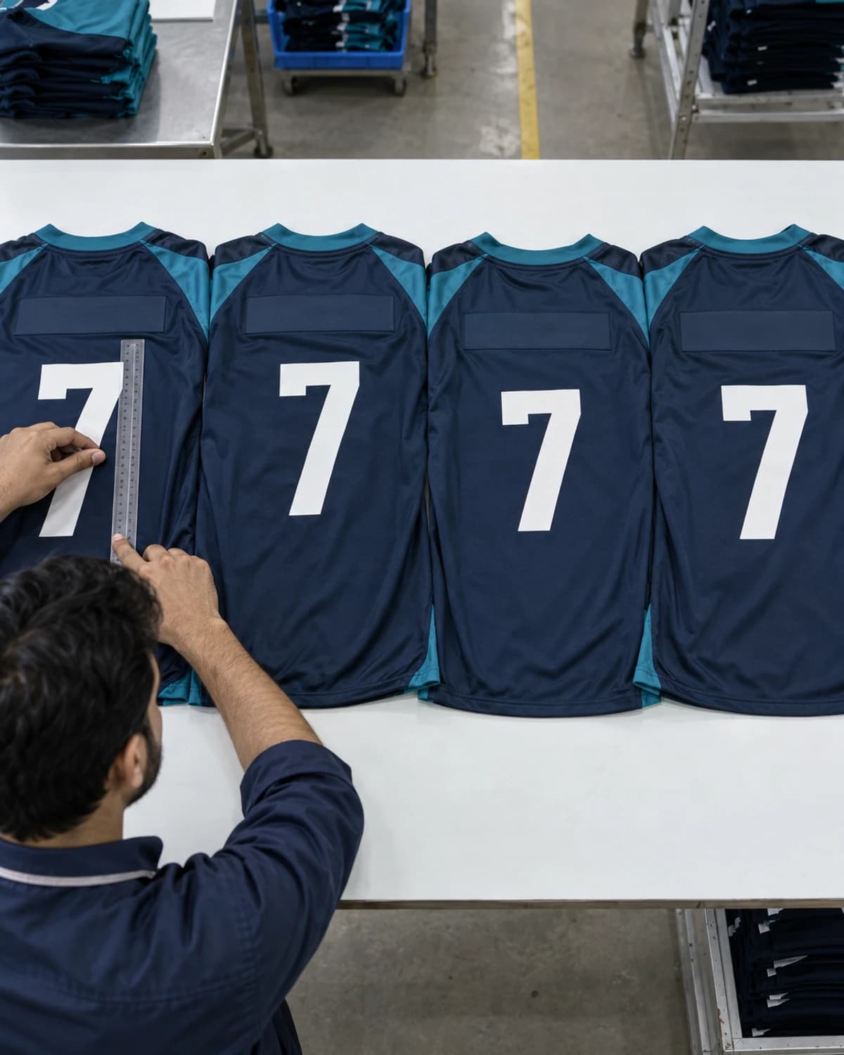 Team jerseys with uneven name and number placement laid out for inspection