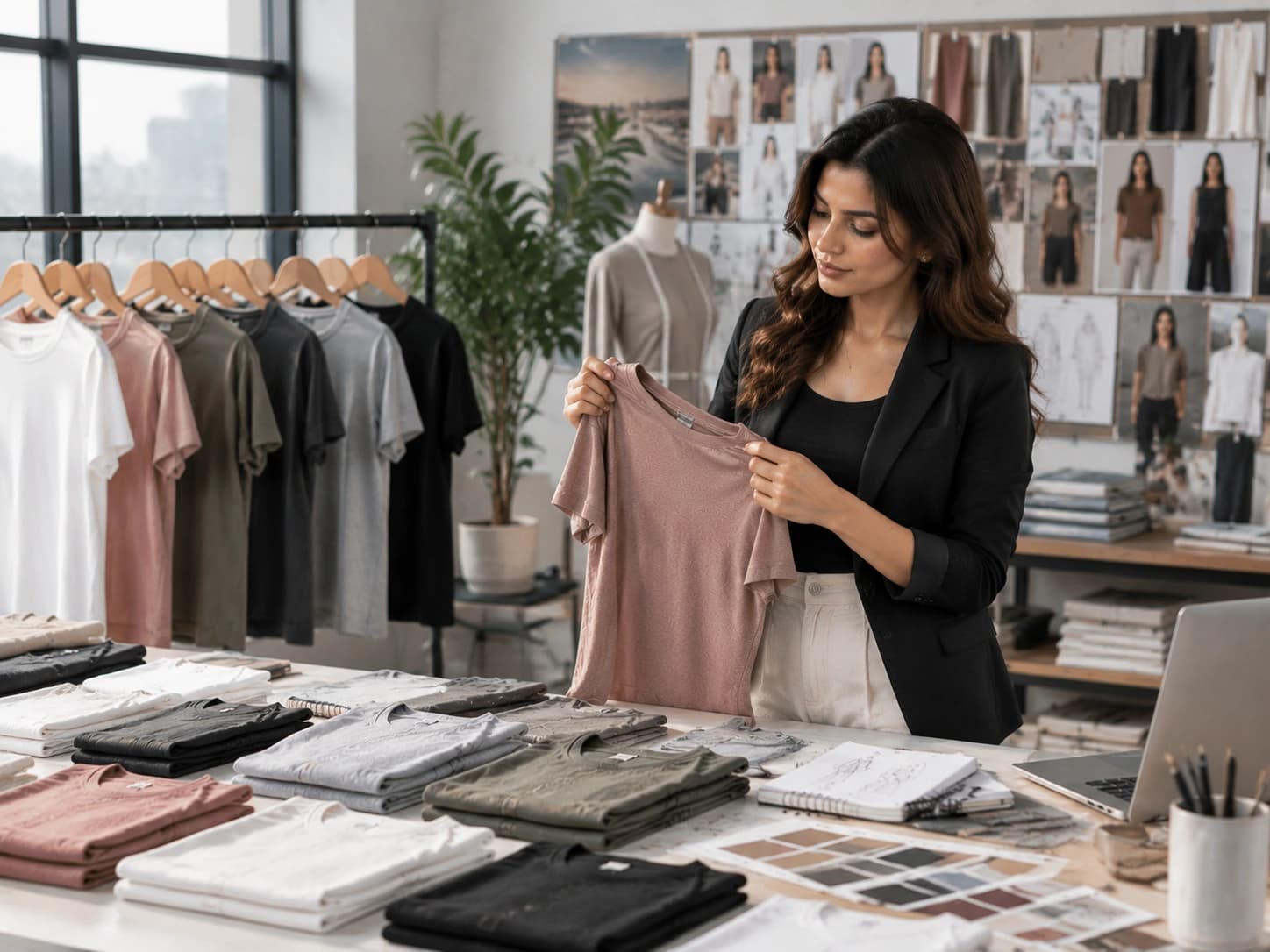 Boutique owner inspecting a single premium tee in a studio showroom