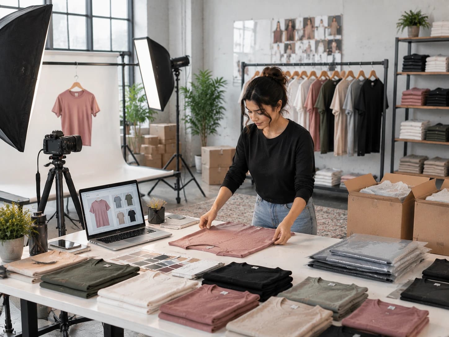 Product shoot and packing station for an online women's tee store