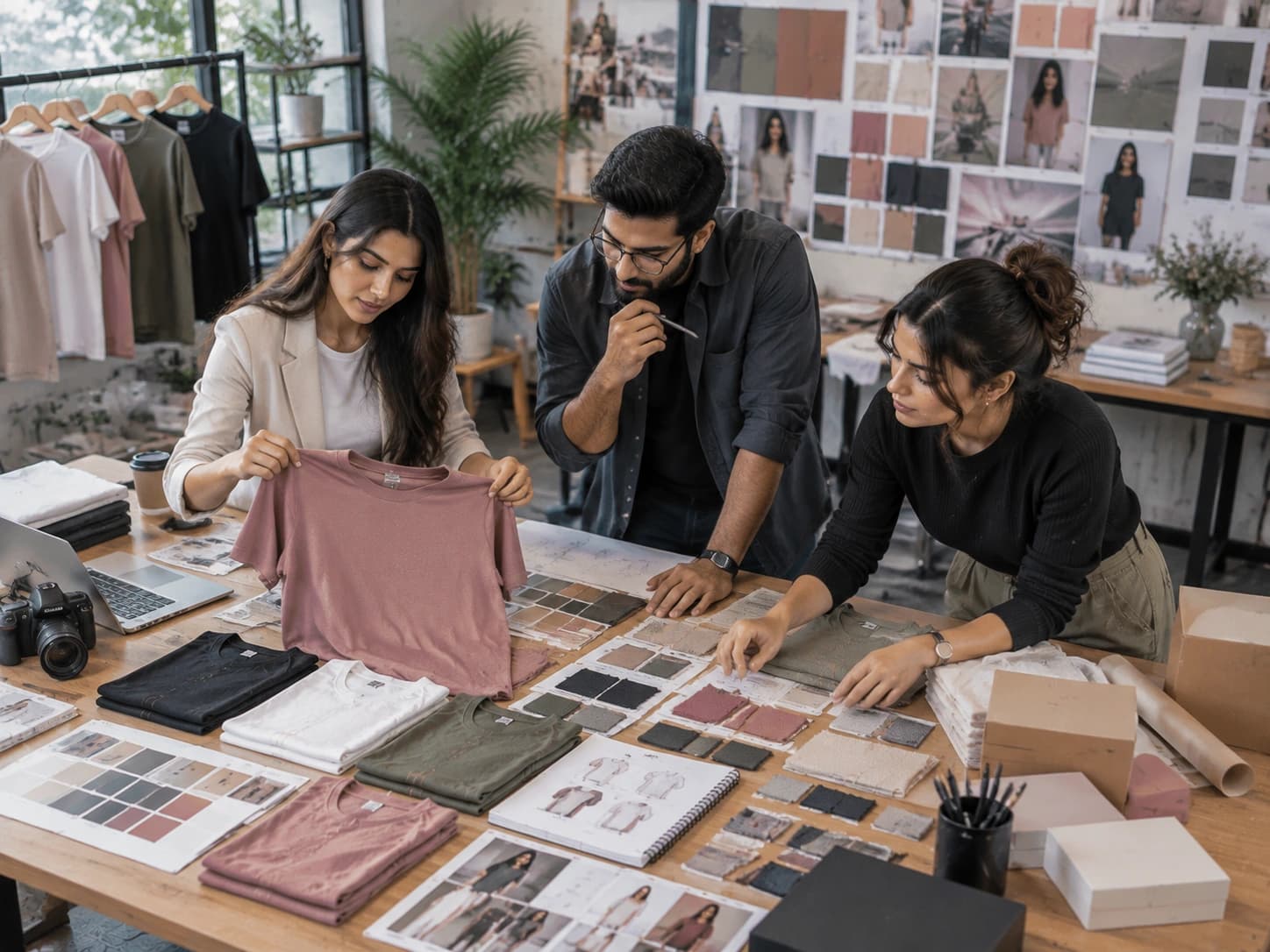 A team reviewing a branded tee with colour swatches before a campaign run