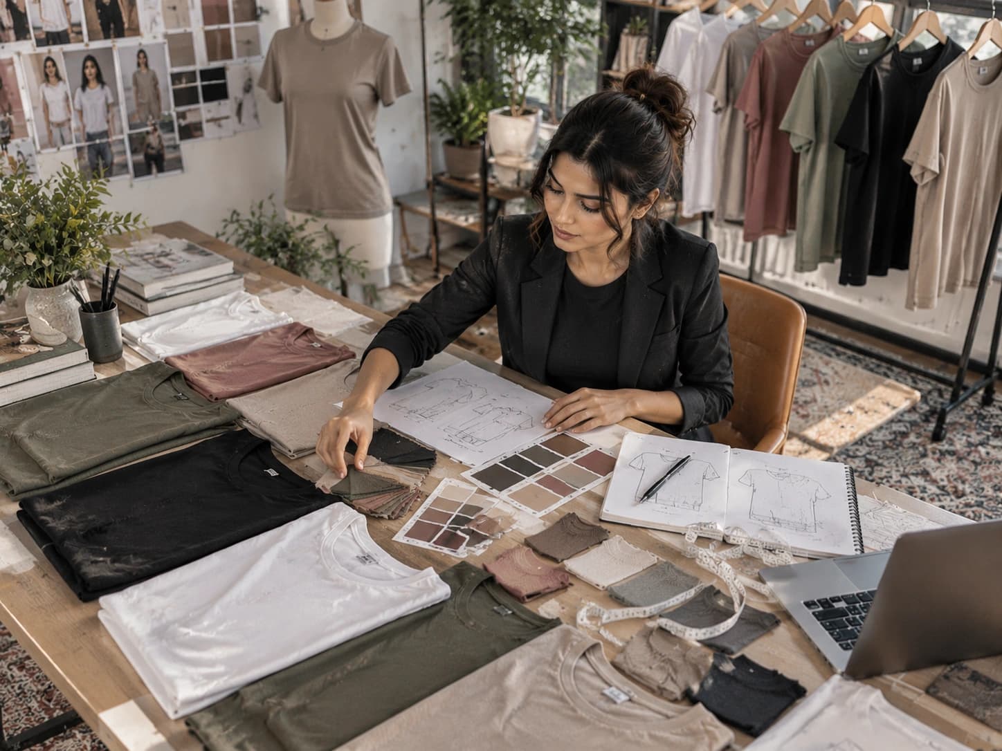 Designer developing a women's tee line from samples, swatches and sketches