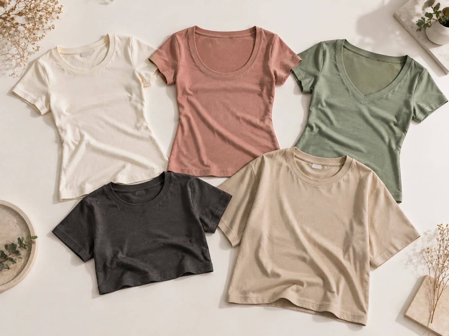 Fitted, scoop, v-neck, crop and boxy women's tees laid out together