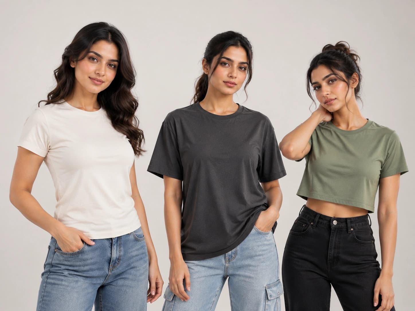 Three models wearing fitted, relaxed and crop styles from the women's tee range