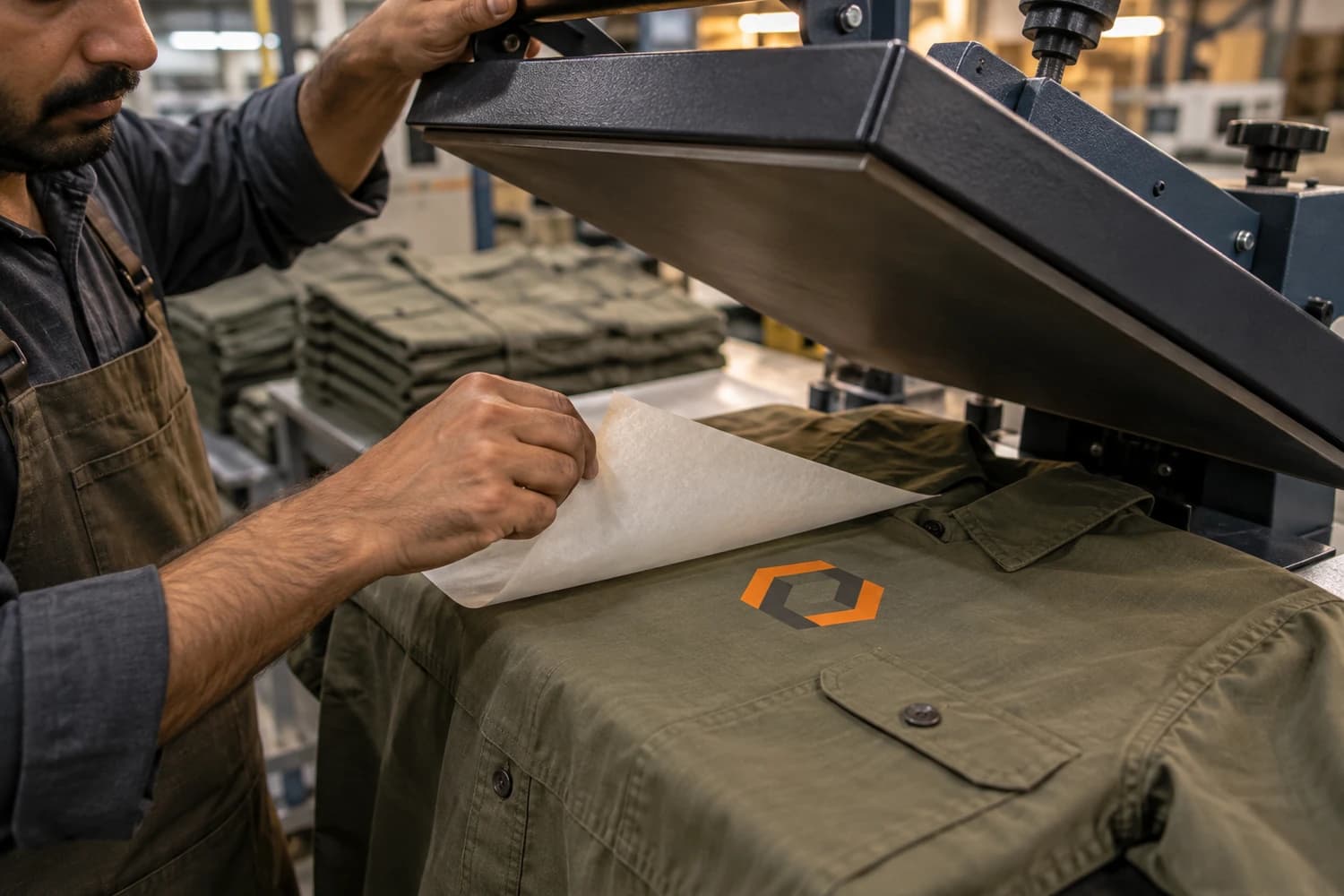 Detailed DTF logo transfer being pressed onto workwear
