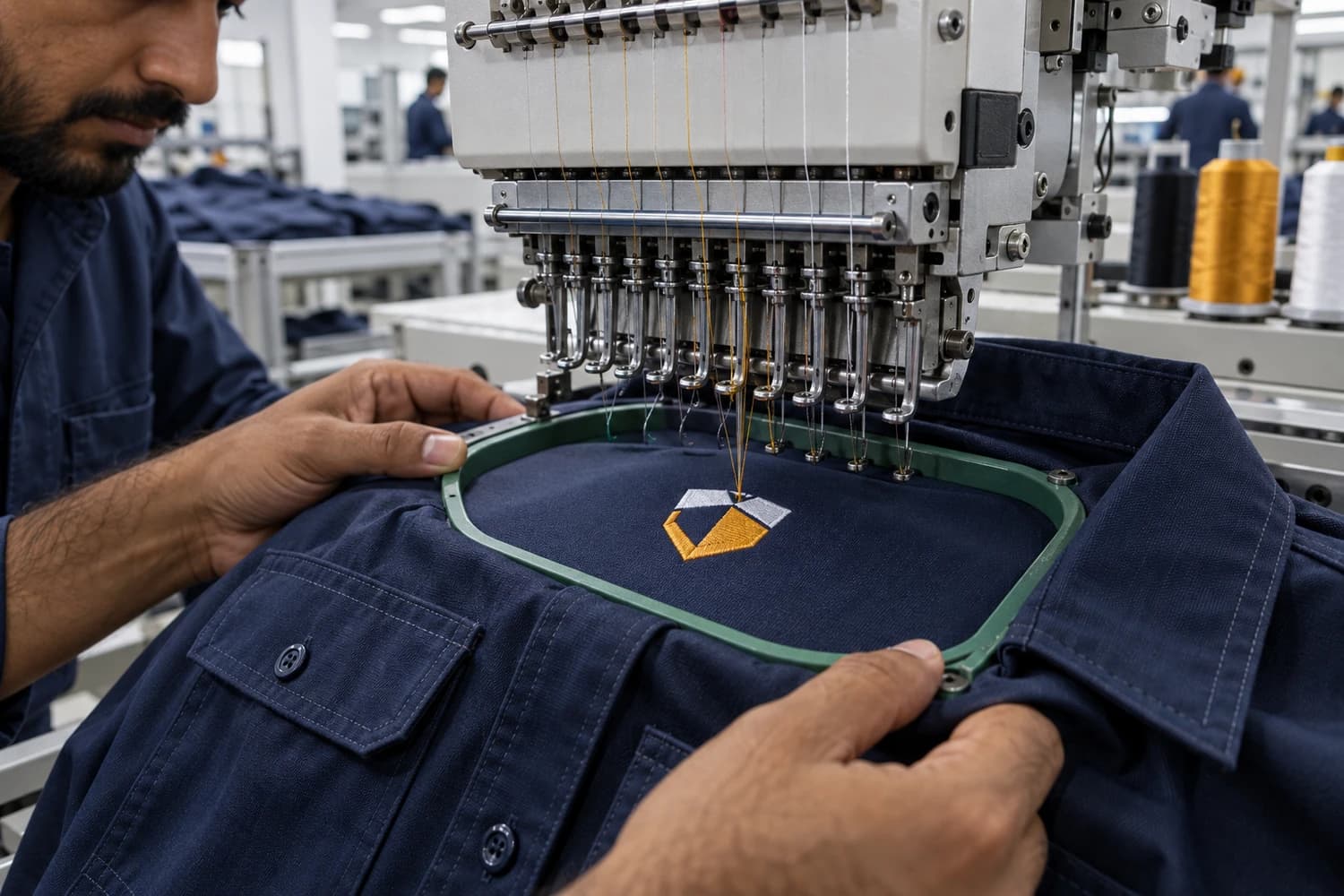 Company logo being embroidered onto a work shirt