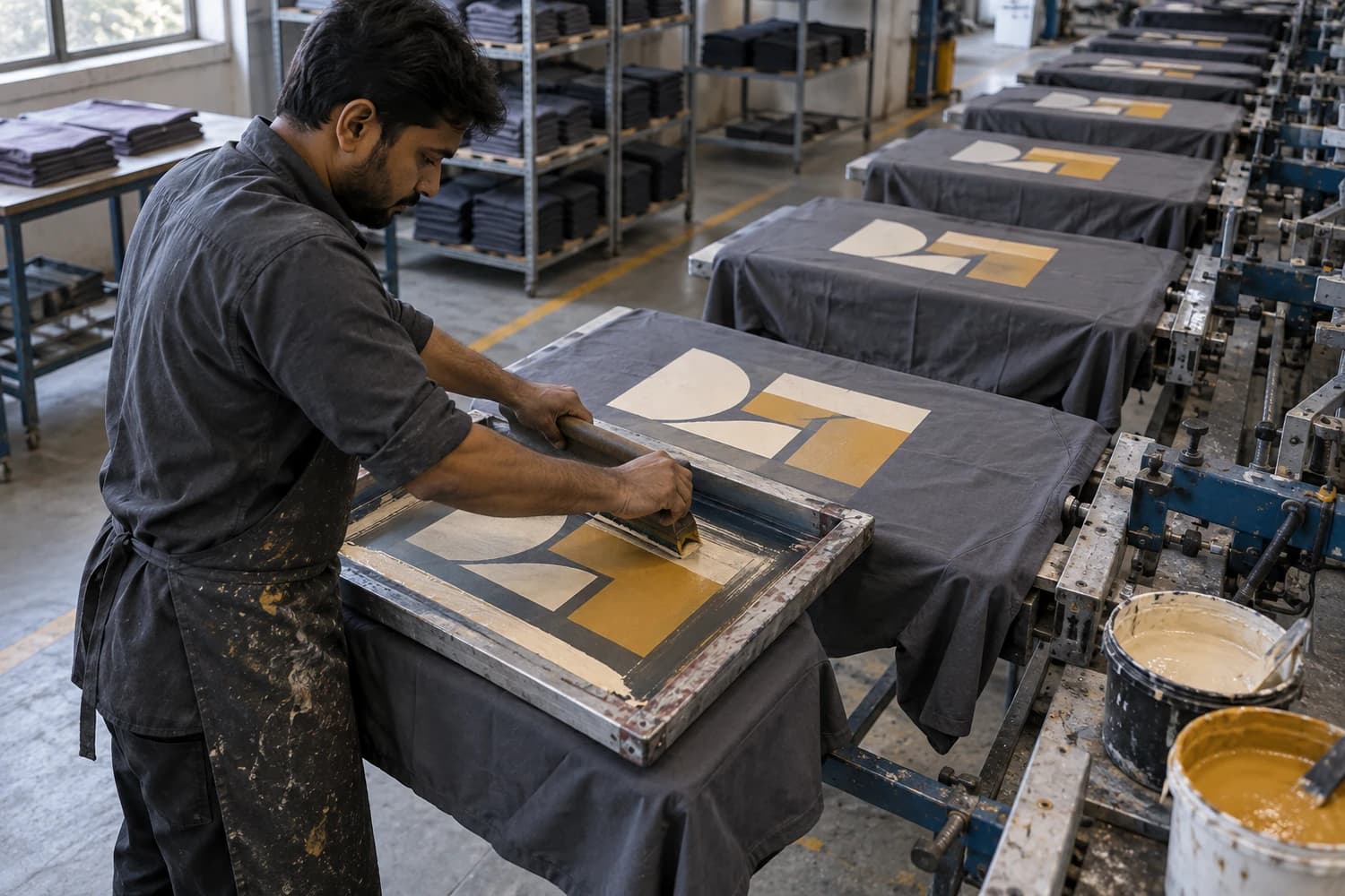 Screen printing a large logo run across work shirts