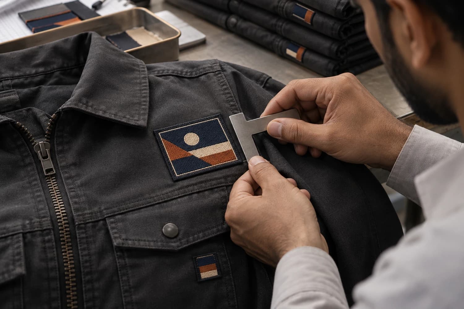 Woven label and role patch sewn onto a work jacket