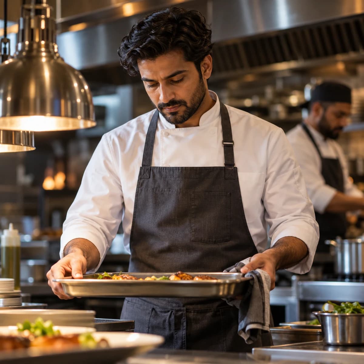 Chef in a chef coat and industrial apron