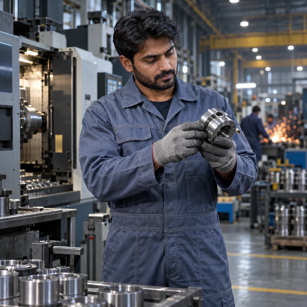 Plant floor worker in a heavy-duty coverall
