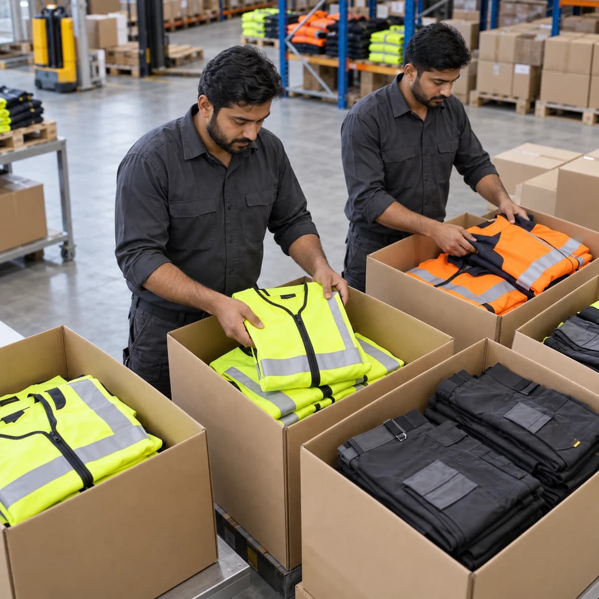 Packed workwear cartons ready for export