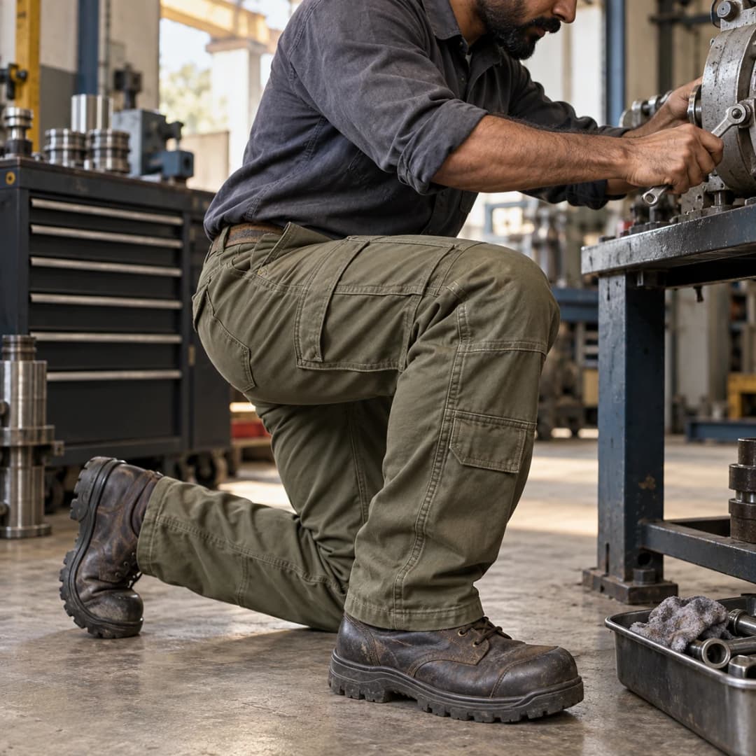 Flat-front and cargo work pants with bartacked stress points