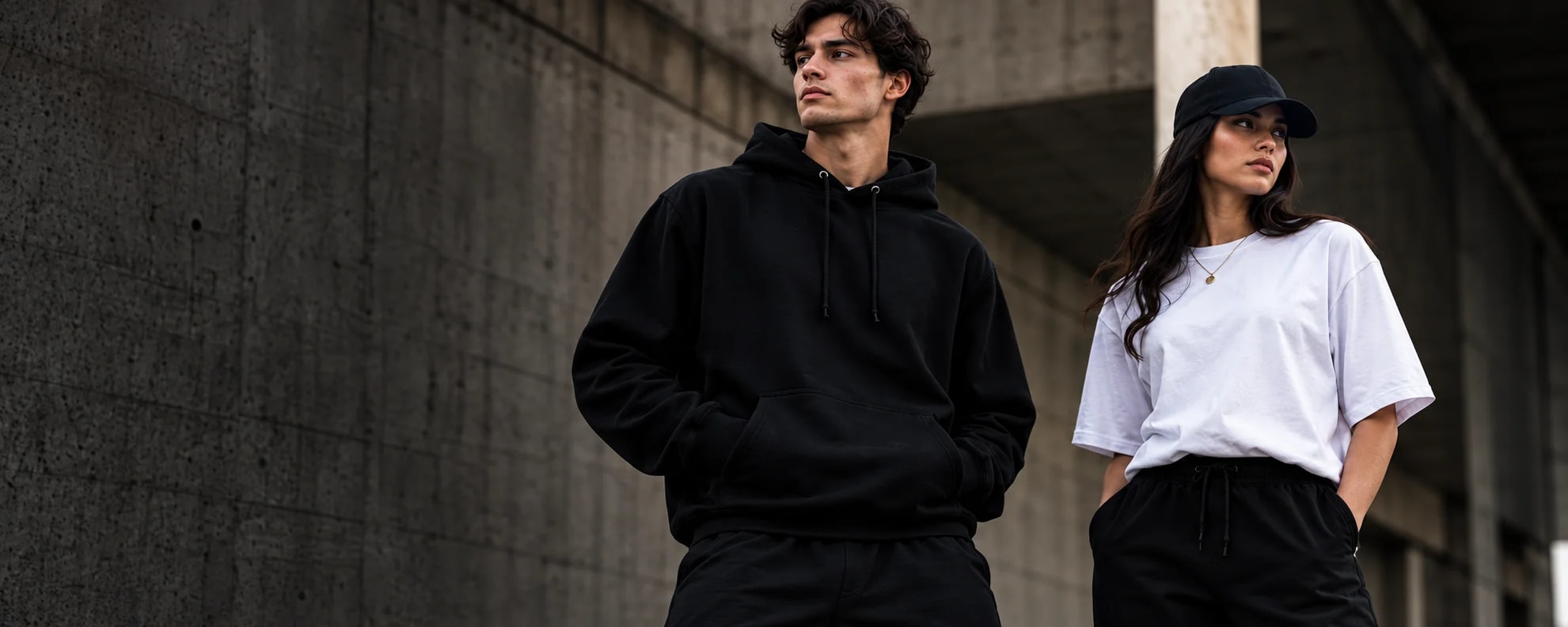 Man in a black pullover hoodie beside a woman in an oversized white T-shirt, black trousers and cap