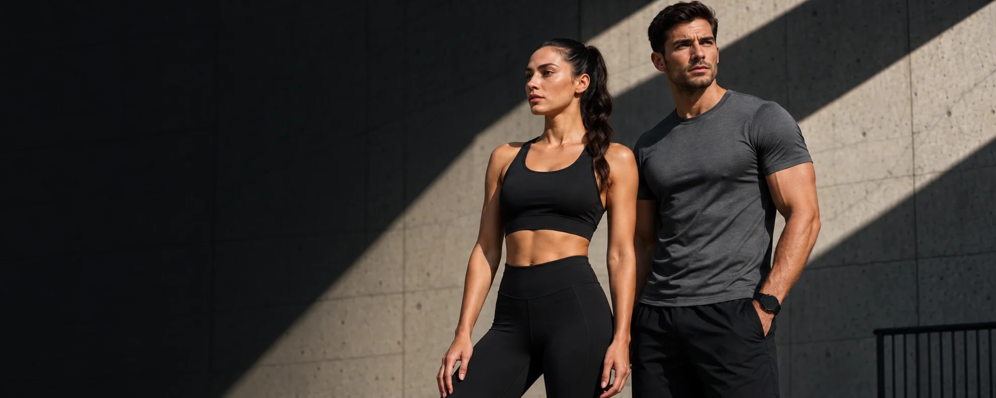 Woman in a black sports bra and leggings beside a man in a charcoal training T-shirt and black shorts