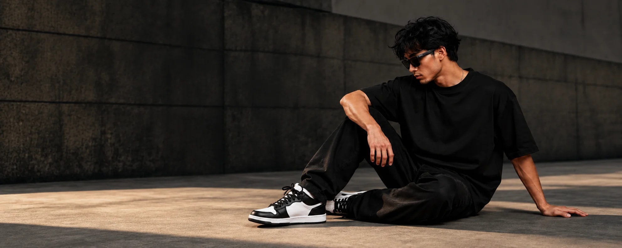 Man seated in an oversized black T-shirt and black trousers with sunglasses and black-and-white trainers
