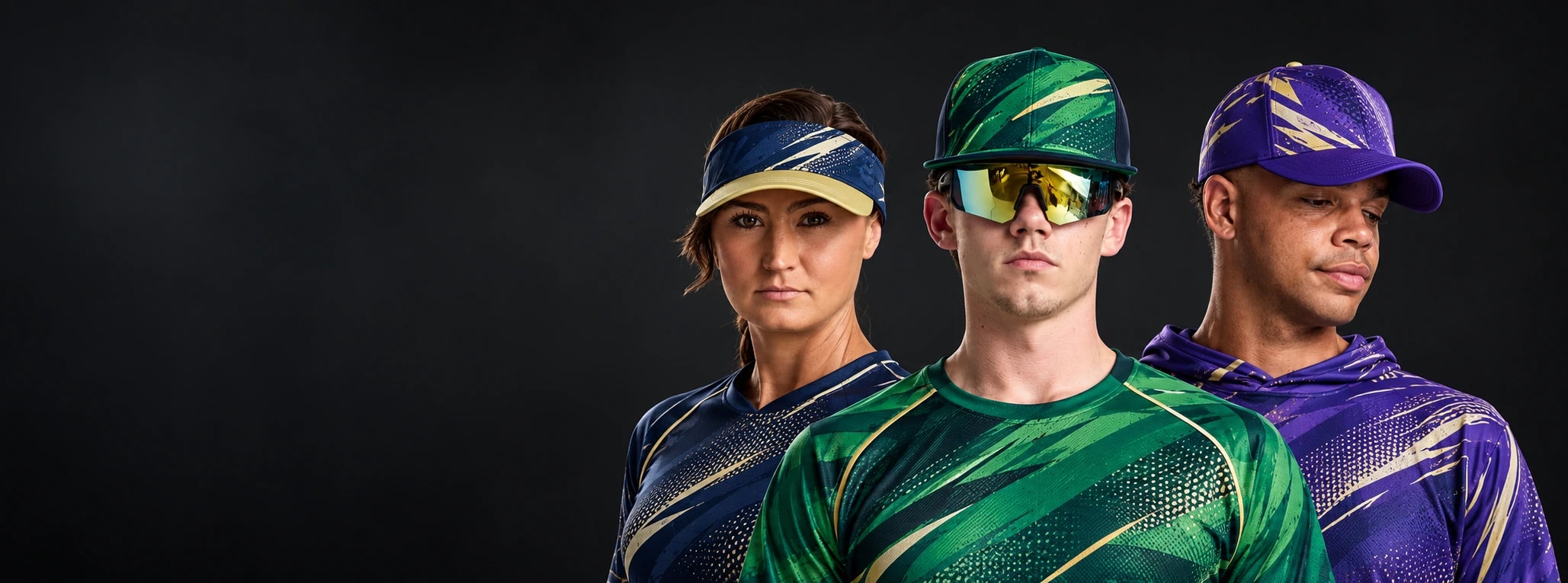Three athletes in sublimated team jerseys and caps against a dark backdrop