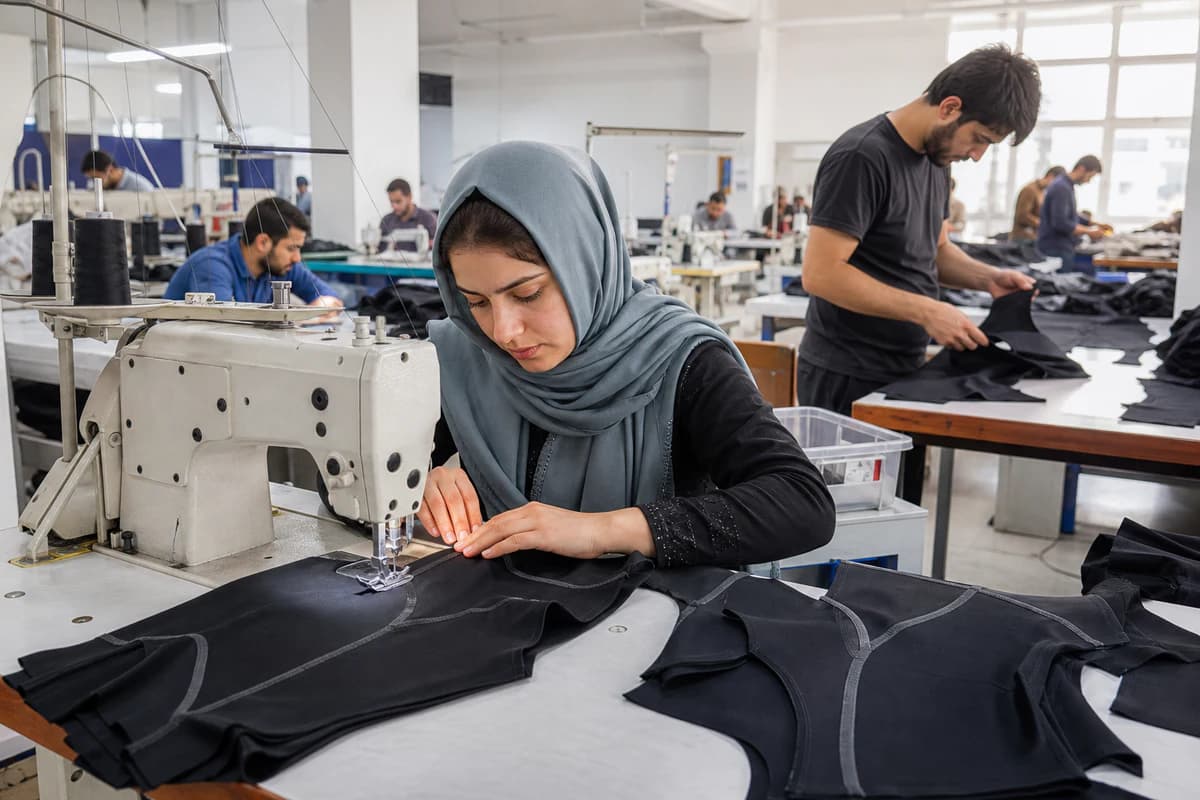 GenXport operators cutting and sewing yoga activewear panels