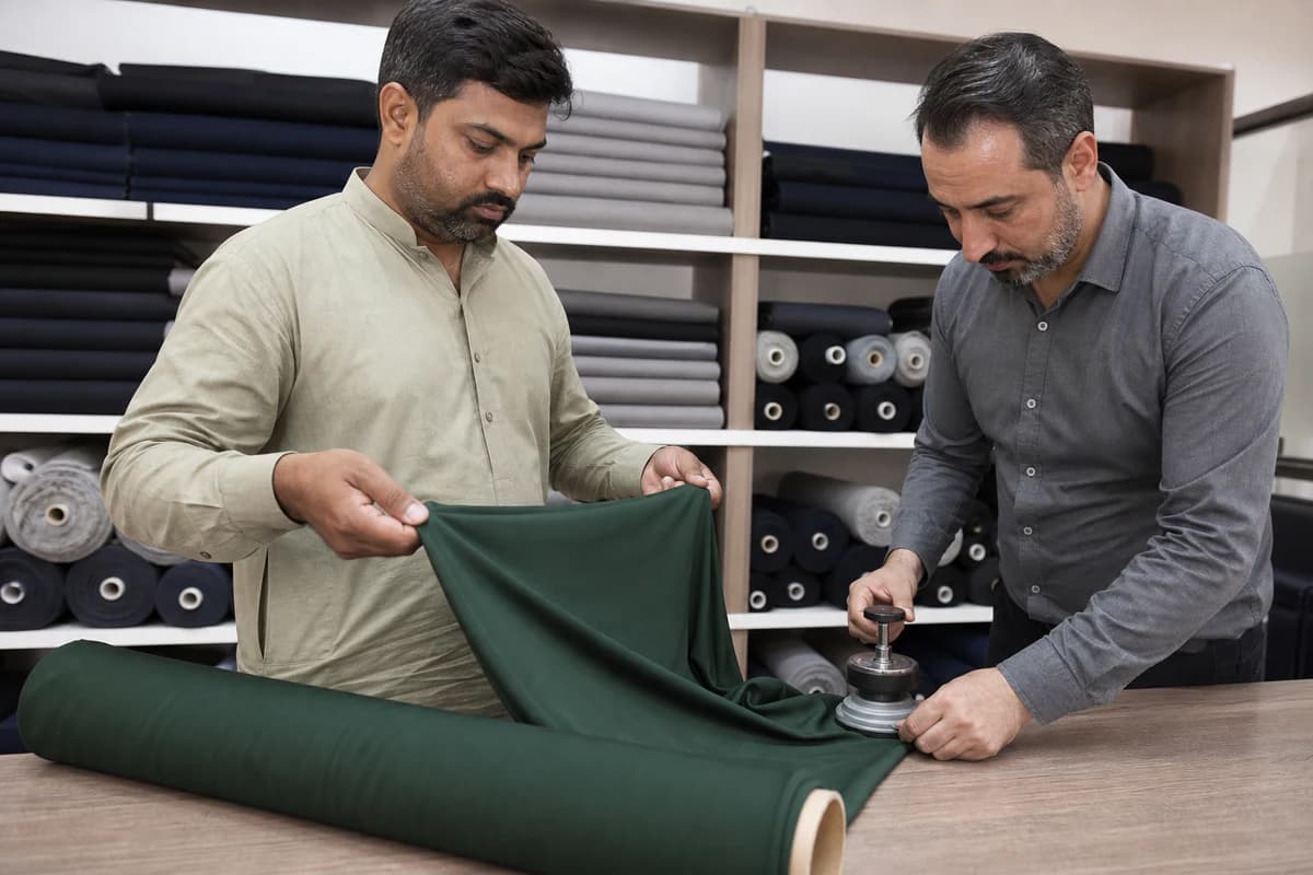 Textile specialists checking buttery-soft fabric stretch and recovery