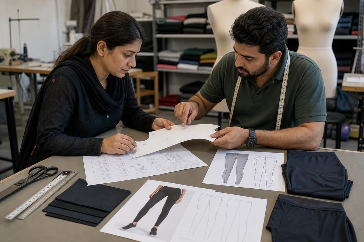 GenXport product team reviewing a yoga activewear specification and pattern