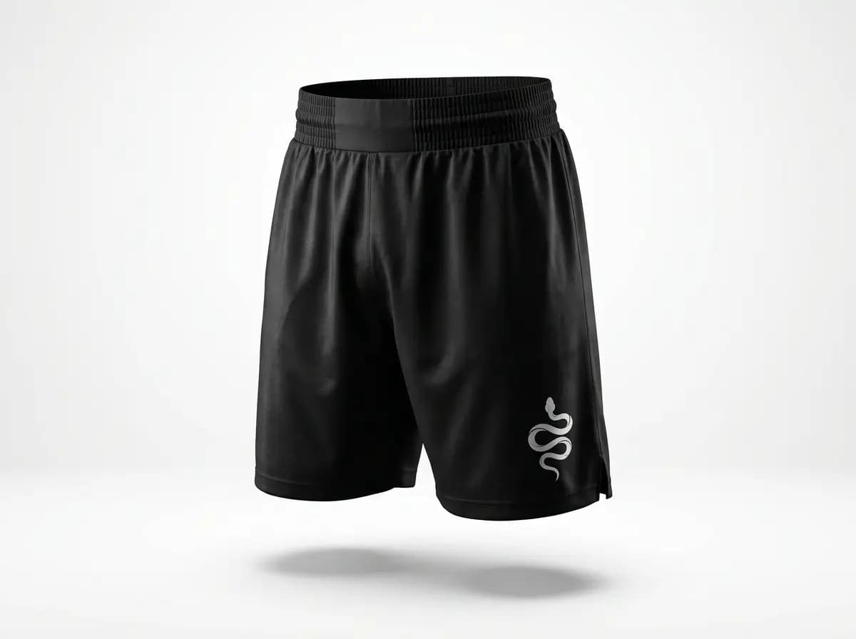 Private label gym shorts carrying a brand logo on a GenXport pattern
