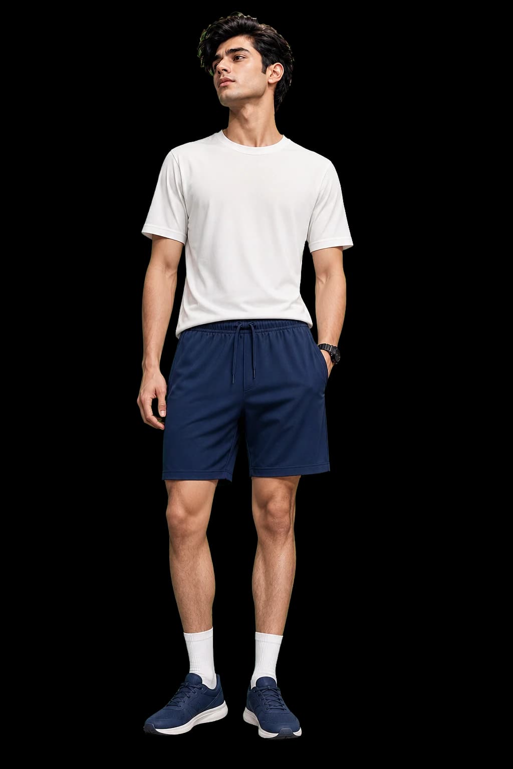 Model wearing custom navy gym shorts made by GenXport