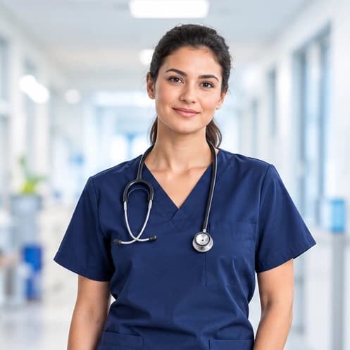 Hospital nurse in navy scrubs with a stethoscope