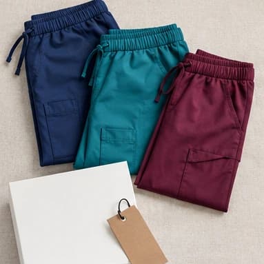 Jogger scrub pants in navy, teal, and wine with a retail box and hang tag