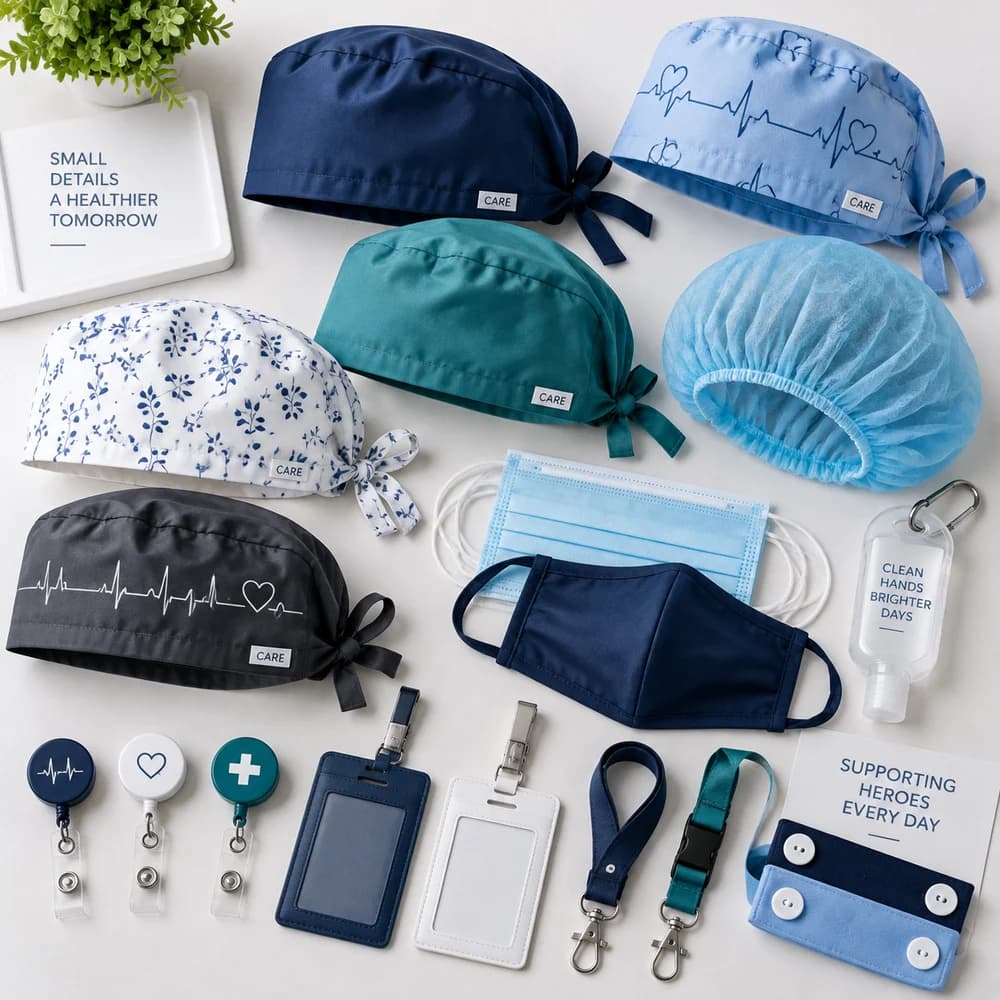 Scrub caps, face masks, badge reels, ID holders, and lanyards