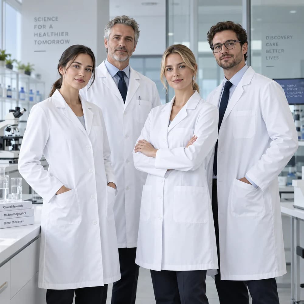 Doctors and researchers wearing white lab coats in a laboratory