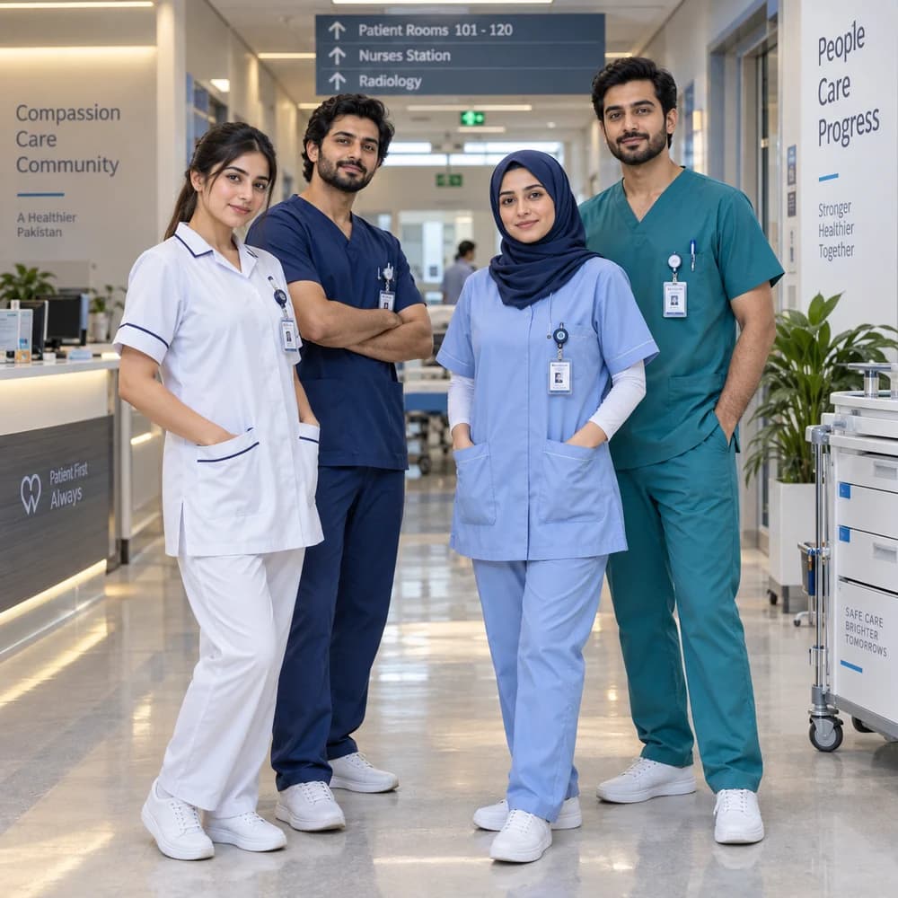 Nurses in white tunic, navy, ceil blue, and teal uniforms in a hospital corridor