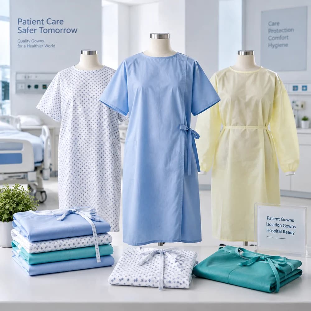 Patient gowns and a yellow isolation gown displayed with folded gowns