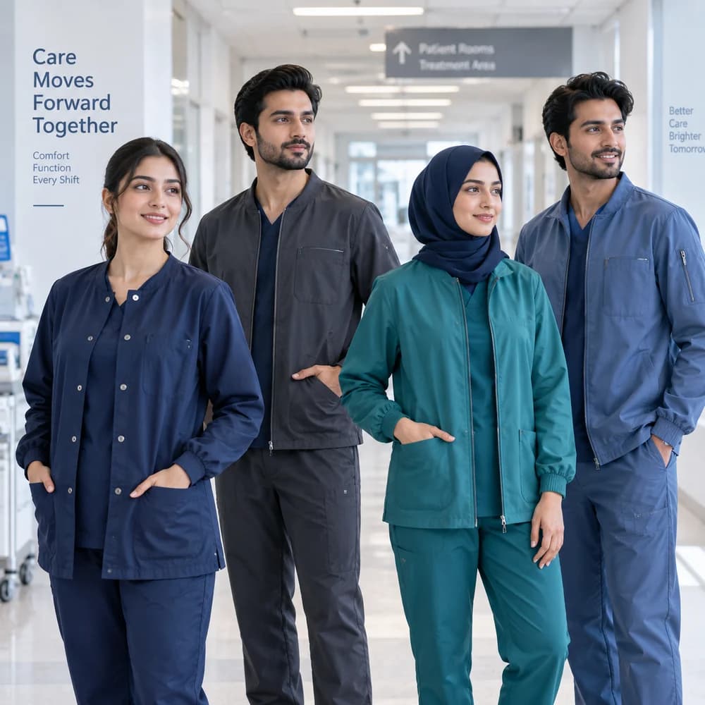 Staff wearing navy, charcoal, teal, and blue scrub jackets over scrubs