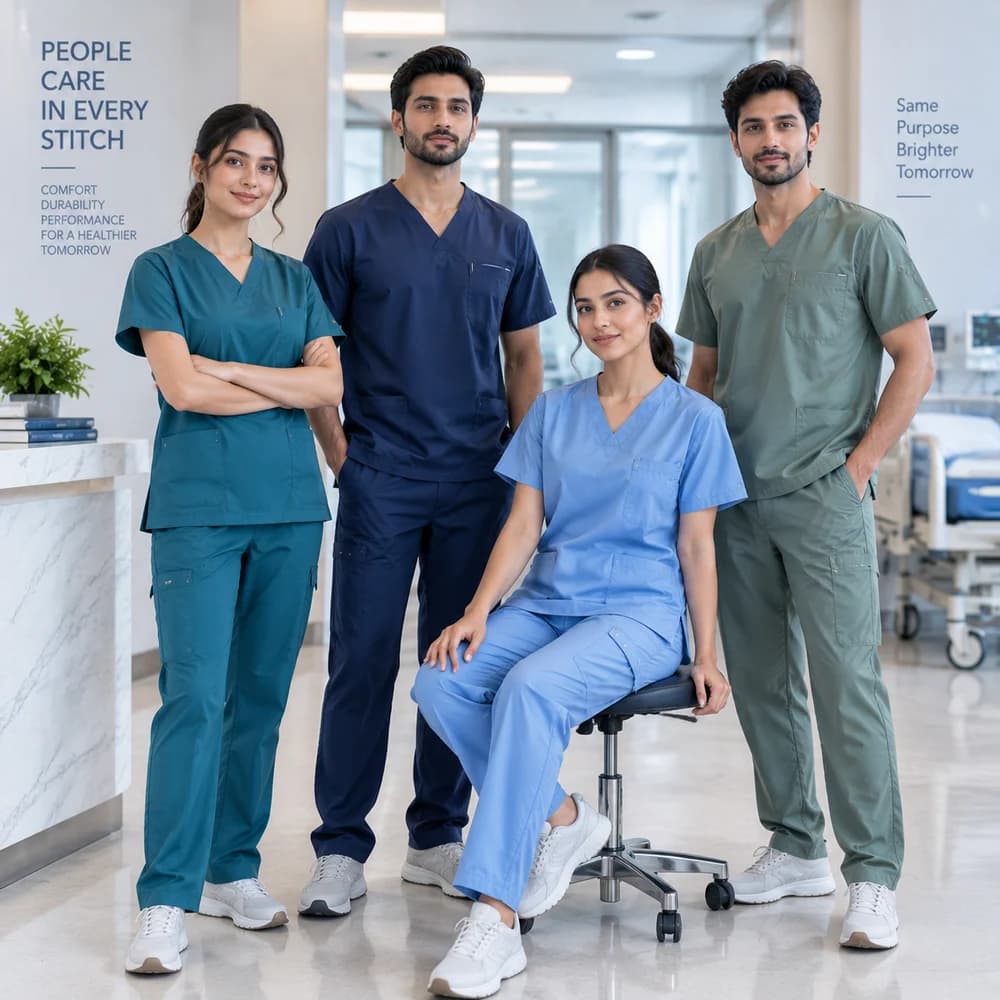 Healthcare staff in teal, navy, ceil blue, and sage scrub sets