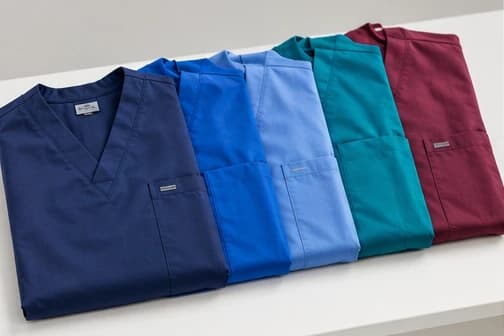 Folded scrub tops in navy, royal blue, ceil blue, teal, and wine department colors