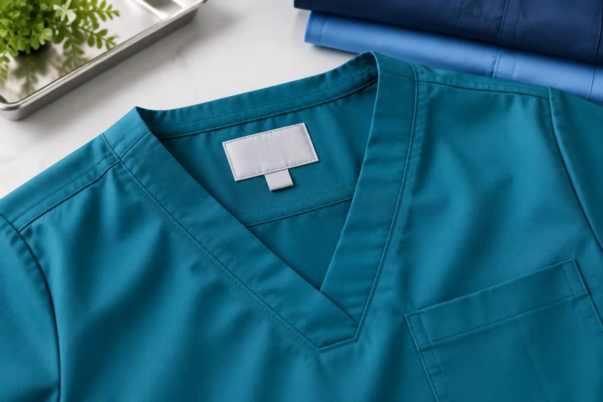 Teal scrub top with a blank woven neck label and size tab ready for your brand