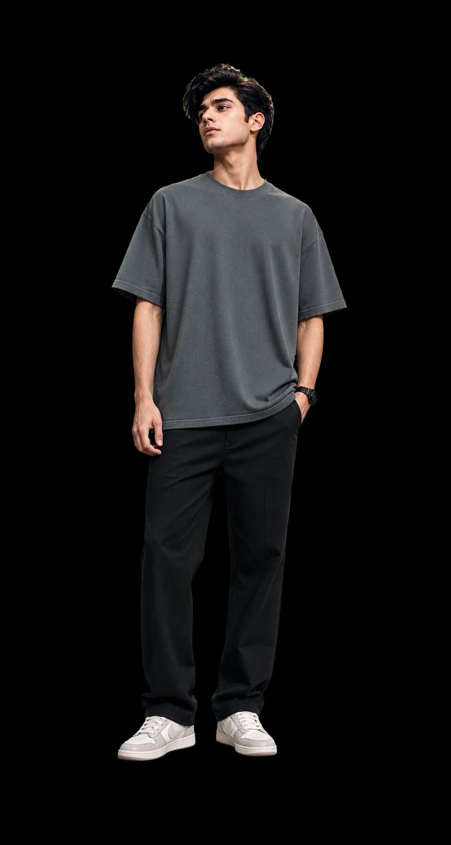 GenXport model wearing a custom charcoal oversized T-shirt