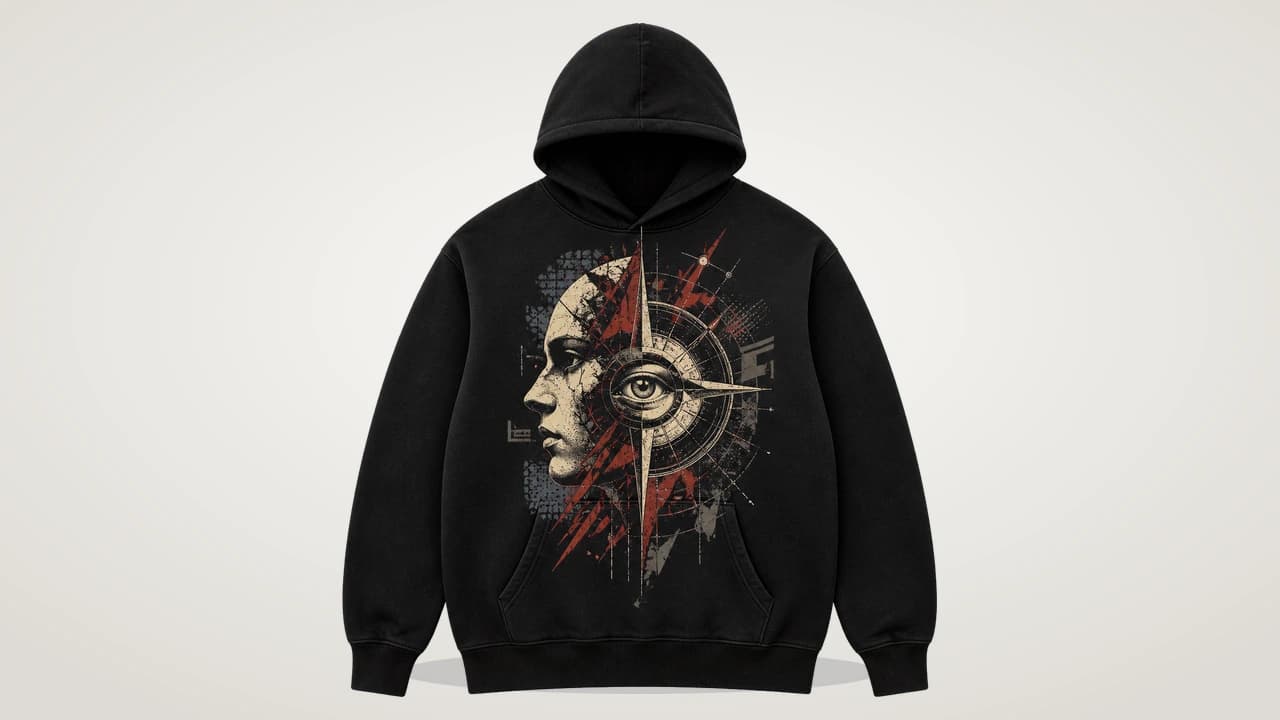 Custom black heavyweight hoodie with an original cream and rust streetwear print