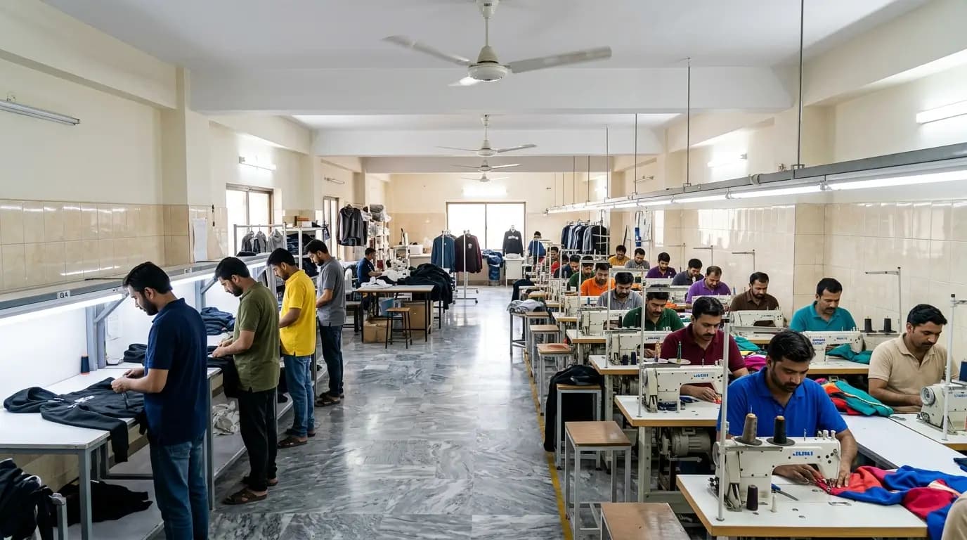 GenXport team manufacturing custom hoodies in a production facility