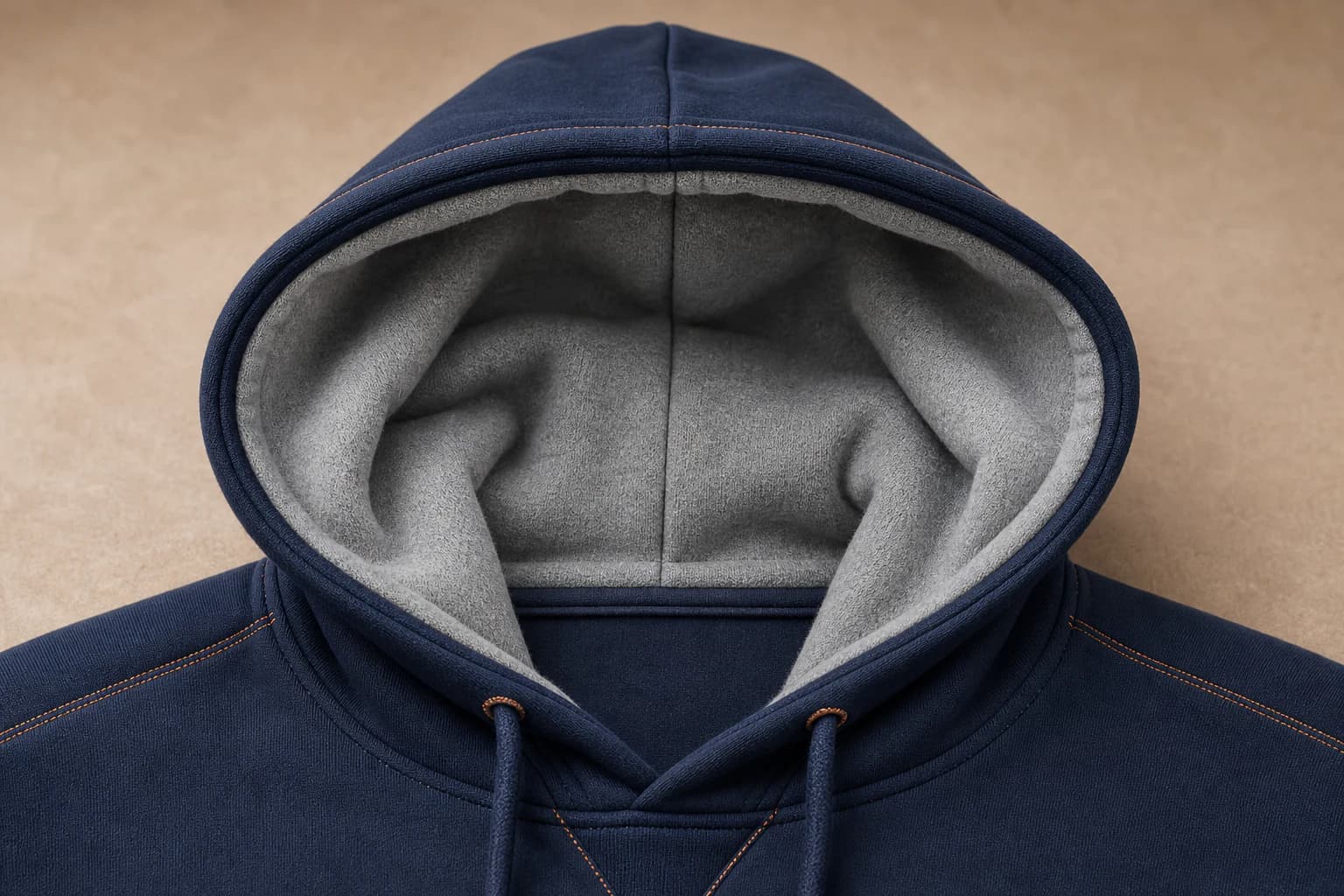 Double-layer fleece lining inside a men's heavyweight hoodie hood
